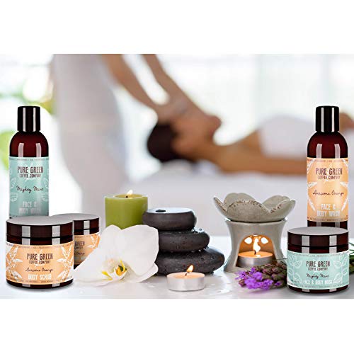 Mascarilla hidratante y nutritiva, para rostro y cuerpo de Pure Green Coffee Company. Frescura de menta, enriquecida con café verde para una piel hidratada intensa, producto vegano. Frasco de 200 ml