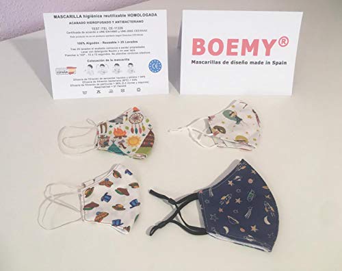 Mascarilla Higiénica infantil [ Galaxia ] | Algodón hidrófugo y antibacteriano | Lavable | Tejido Certificado y Homologado | Unisex niño y niña | Ajustable en tamaño | Elige talla 3 a 13 años