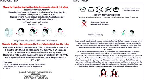 Mascarilla Higiénica Reutilizable para adultos Eficacia de filtración bacteriana Estuche portamascarilla Gratis (Blanca)