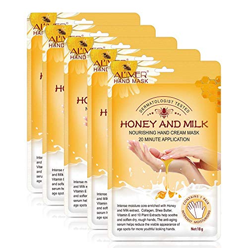 Mascarilla para manos, 5 pares Guantes hidratantes de miel y leche Nutritiva Suavizar Cuidado de manos para grietas secas Máscara de manos Exfoliante Blanquear para mujeres y hombres