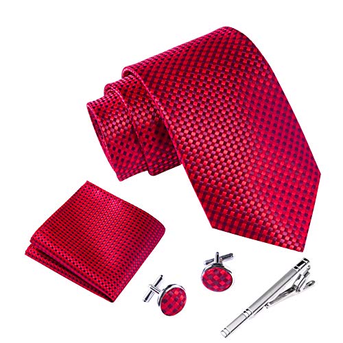 Massi Morino ® Set de corbata (caja regalo para hombres) Corbatas de hombre y pañuelos + gemelos + clip de corbata (Rojo cuadros)