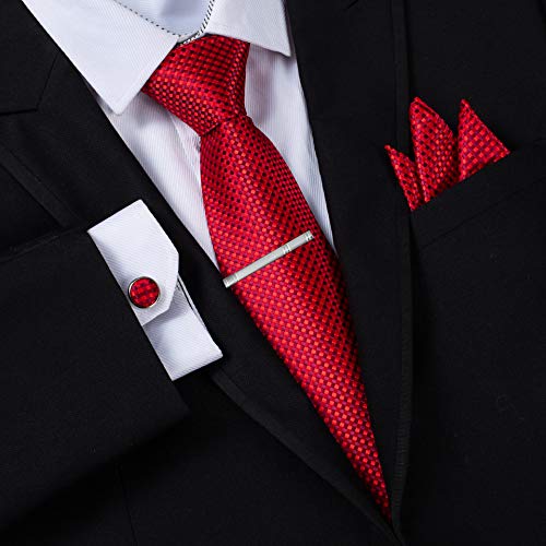 Massi Morino ® Set de corbata (caja regalo para hombres) Corbatas de hombre y pañuelos + gemelos + clip de corbata (Rojo cuadros)