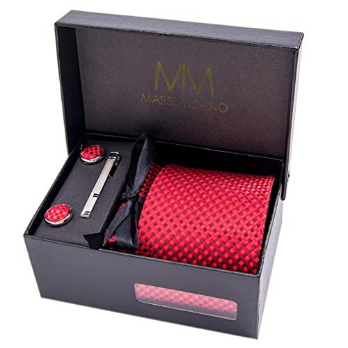 Massi Morino ® Set de corbata (caja regalo para hombres) Corbatas de hombre y pañuelos + gemelos + clip de corbata (Rojo cuadros)