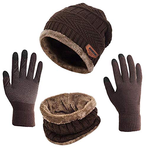 Mattelsen Gorras Invierno con Bufanda y Guantes Táctiles Antideslizante 3 en 1 de Punto Sombreros para Mujeres y Hombres (Café)