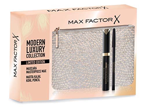 Max Factor - Paquete de regalo Modern Luxury Collection, máscara Masterpiece Max, lápiz de ojos Kajal Kohl y elegante bolso de terciopelo plateado dorado