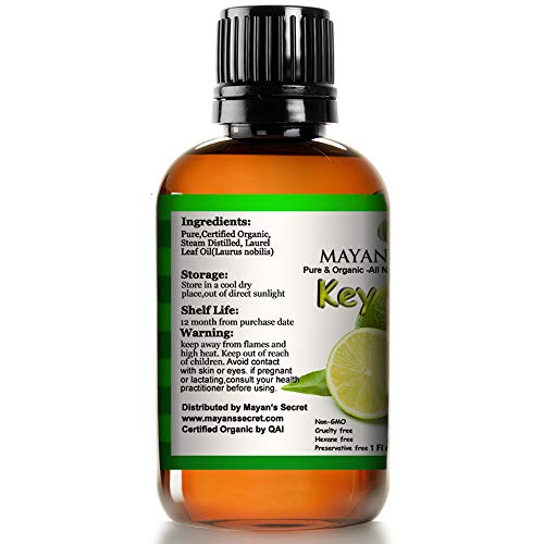 Mayan’s Secret USDA Certified Organic Key Lime Essential Oil for Diffuser & Reed Diffusers (100% PURE & NATURAL - UNDILUTED) Therapeutic Grade - Huge 1oz Bottle - Perfect for Aromatherapy, Relaxation,