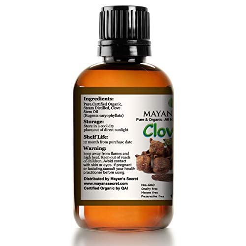 Mayan's Secret USDA Certified Organic Pure Clove Stem Essential Oil - Pure and Natural, Therapeutic Grade Large 1oz Bottle - Perfect for Aromatherapy, Relaxation, Skin Therapy & More