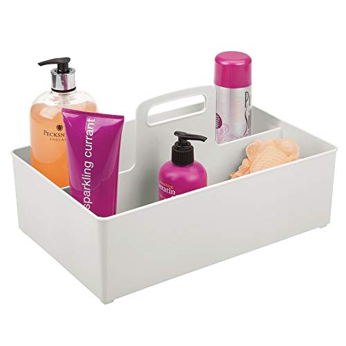 mDesign Caja organizadora con 2 Compartimentos – Organizador de Accesorios portátil para champú, Gel y cosméticos – Cesta para baño con asa de plástico sin BPA – Gris Claro