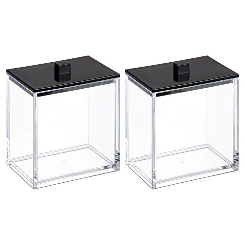 mDesign Juego de 2 dispensadores de discos de algodón o cajas para bastoncillos – Botes con tapa rectangulares para productos de aseo – Envase para cosméticos de plástico – transparente y negro