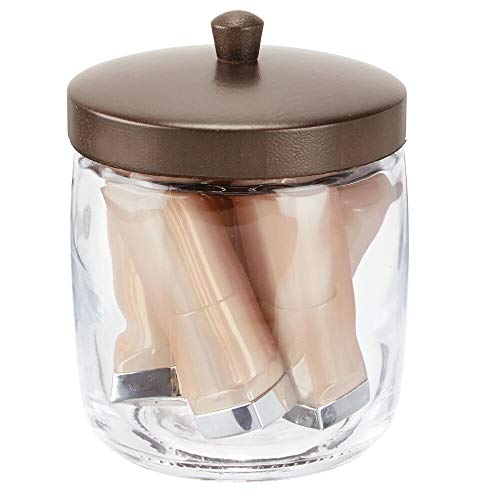 mDesign Juego de 2 organizadores de cosméticos – Algodonero con tapa para discos de algodón, gomas de pelo, etc. – Organizador de baño multiusos de vidrio y bambú para lavabo – transparente y marrón