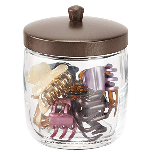 mDesign Juego de 2 organizadores de cosméticos – Algodonero con tapa para discos de algodón, gomas de pelo, etc. – Organizador de baño multiusos de vidrio y bambú para lavabo – transparente y marrón