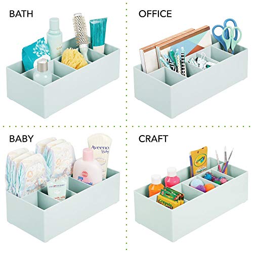 mDesign Organizador de cosméticos para el lavabo o el tocador – Caja organizadora de plástico libre de BPA para guardar el maquillaje – Moderna cesta de baño con 6 compartimentos – verde menta