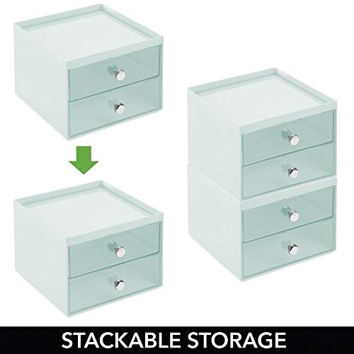 mDesign Organizador de maquillaje – Caja de almacenaje apilable con 2 cajones para rímel, polvos, pintaúñas, etc. – Organizador de cosméticos para baño, tocador u oficina – verde menta y transparente