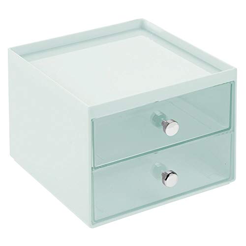 mDesign Organizador de maquillaje – Caja de almacenaje apilable con 2 cajones para rímel, polvos, pintaúñas, etc. – Organizador de cosméticos para baño, tocador u oficina – verde menta y transparente