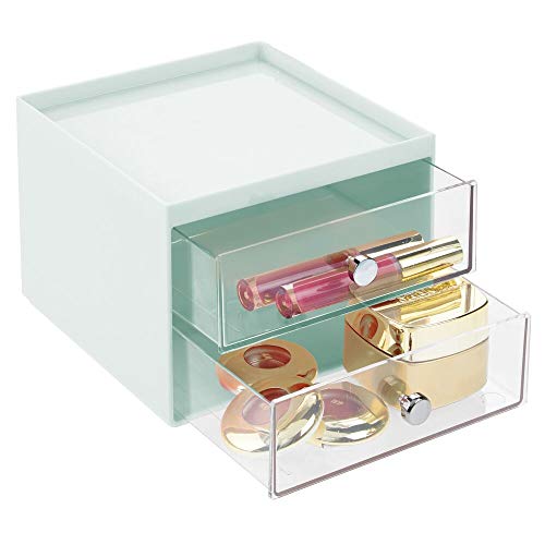 mDesign Organizador de maquillaje – Caja de almacenaje apilable con 2 cajones para rímel, polvos, pintaúñas, etc. – Organizador de cosméticos para baño, tocador u oficina – verde menta y transparente