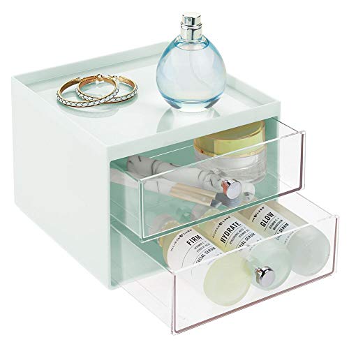 mDesign Organizador de maquillaje – Caja de almacenaje apilable con 2 cajones para rímel, polvos, pintaúñas, etc. – Organizador de cosméticos para baño, tocador u oficina – verde menta y transparente