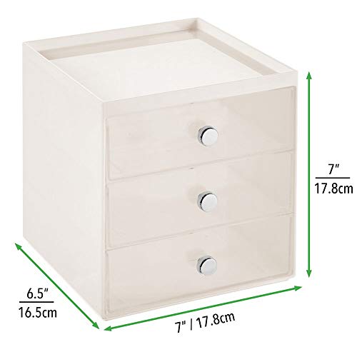 mDesign Organizador de maquillaje – Caja de almacenamiento apilable con 3 cajones para rímel, polvos, pintaúñas, etc. – Organizador de cosméticos para baño, tocador o despacho – beige y transparente