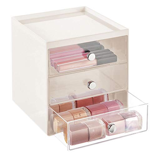 mDesign Organizador de maquillaje – Caja de almacenamiento apilable con 3 cajones para rímel, polvos, pintaúñas, etc. – Organizador de cosméticos para baño, tocador o despacho – beige y transparente