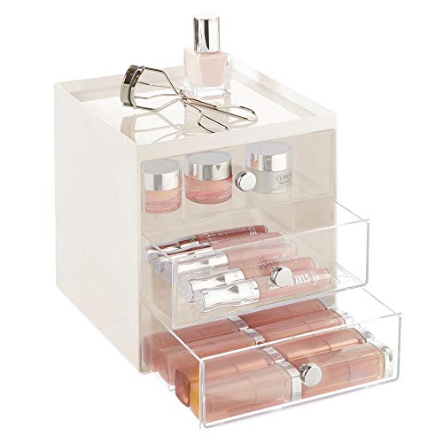mDesign Organizador de maquillaje – Caja de almacenamiento apilable con 3 cajones para rímel, polvos, pintaúñas, etc. – Organizador de cosméticos para baño, tocador o despacho – beige y transparente
