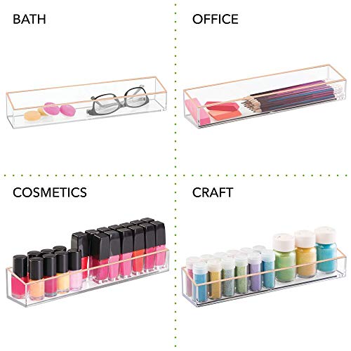 mDesign Organizador de Maquillaje – Práctica Caja organizadora para pintalabios, Sombras de Ojos, brochas y demás – Caja de plástico para cajones y tocador – Transparente/Dorado Rosado