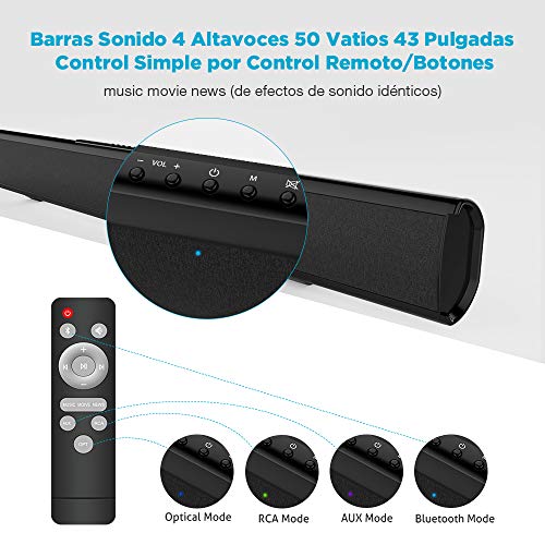 Meidong Barra de Sonido para TV, Barras de Sonido con Control Remoto Audio HiFi 4 Altavoces 50 Vatios 43 Pulgadas Altavoz para TV Montable en la Pared (KY-2022 Pro)