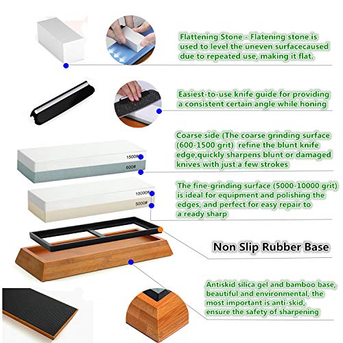 Meiyijia Piedra de Afilar, Grano 5000/10000 + 600/1500 de Doble Cara,Incluido Piedra de Aplanamiento,Corindón Blanco con Base de Bambú, Almohadilla de Silicona,Incluyendo - Guía de Ángulo,Traje