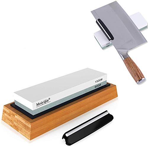 Meiyijia Piedra de Afilar, Grano 5000/10000 + 600/1500 de Doble Cara,Incluido Piedra de Aplanamiento,Corindón Blanco con Base de Bambú, Almohadilla de Silicona,Incluyendo - Guía de Ángulo,Traje