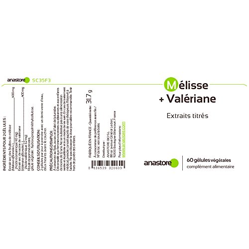 Melisa + Valeriana * 400 mg / 60 cápsulas * Para los problemas de sueño, el estrés y la ansiedad * Fabricado en FRANCIA