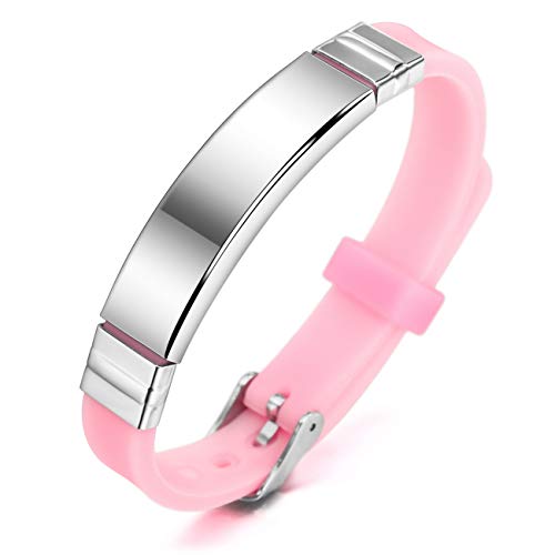 MeMeDIY Nombres De Grabado Personalizados Pulsera De Identificación De Muñeca Deportiva Personalizada para Hombres Mujeres Niños Caucho De Acero Inoxidable Ajustable - (13mm Amplia, Azul Color)