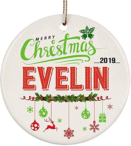 Mesllings - Adorno de cerámica para árbol de Navidad con Nombre de Evelin, Adorno de cerámica Blanca de 3 Pulgadas
