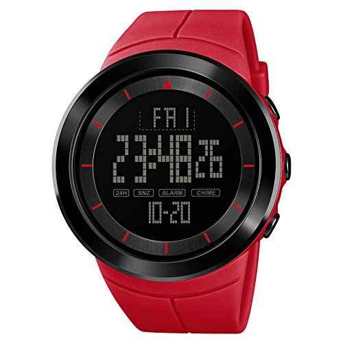 MHCYKJ Los Hombres Reloj Deportivo Relojes Sport Cronómetro Digital Reloj de Pulsera de Reloj de Cuenta atrás Doble de Datos multifunción,Rojo