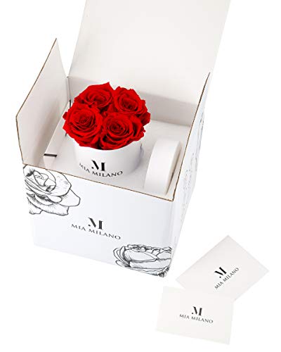 Mia Milano ® Caja de rosas con 4 rosas Infinity | Flowerbox (caja de regalo para el día de San Valentín) flores conservadas 3 años de duración (Blanco - Rojo)