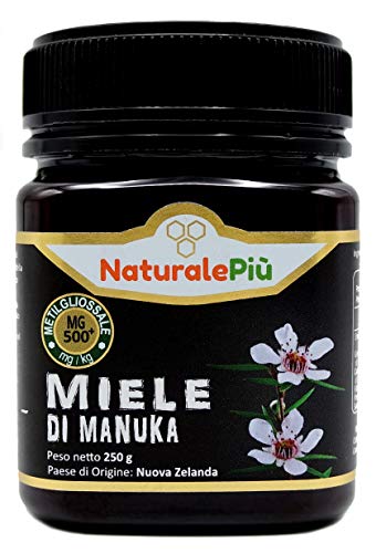 Miel de Manuka 500+ MGO 250g. Producida en Nueva Zelanda, activa y cruda, 100% pura y natural. Metilglioxial probado por laboratorios acreditados. NATURALEPIÙ