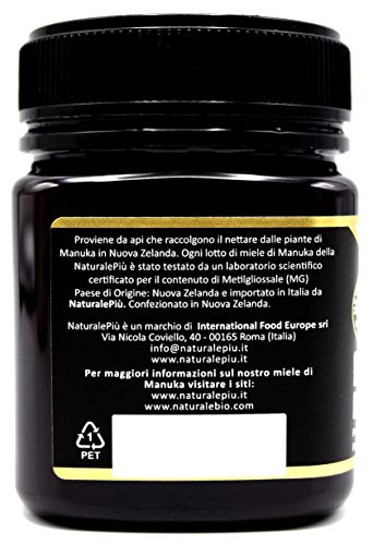Miel de Manuka 800+ MGO 250g. Producida en Nueva Zelanda, activa y cruda, 100% pura y natural. Metilglioxial probado por laboratorios acreditados. NATURALEPIÙ