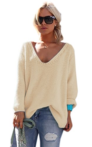 Mikos* Las Mujeres de Manga Larga de Punto Jersey Suéter Suelto Cuello en V Jumper Tops de Punto (617) (Beige)