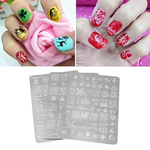 Minkissy placa de estampado de uñas de navidad 3 piezas plantillas de estampado de uñas arte copo de nieve de navidad elk t sello de uñas herramientas de arte de uñas para manicura de salón de uñas
