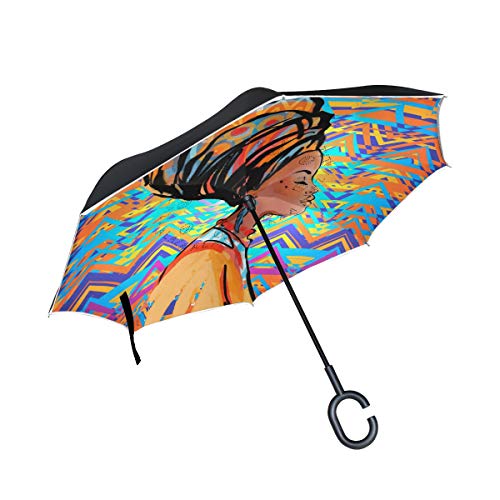 Mnsruu - Paraguas invertido de Doble Capa para Mujer Africana en Turbante, protección contra el Viento, UV, para Uso en Coche, Lluvia, al Aire Libre, con Mango en Forma de C
