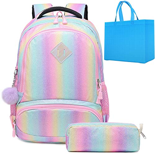 Mochila Escolar Niñas Mochila Arcoiris Chica Mochila Niño Mochilas Infantiles Rainbow Backpack Mujeres Sets de Bolsa 2 en 1 con Estuche - Teenage Girls Daypack para Viajes