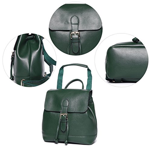 Mochilas Cuero para Mujer Casual Verde Pequeñas Mochila de Piel Auténtica de Cuerdas Bolso Bandolera de Moda Mini Urbana Escolar Universidad Chica Adolescentes