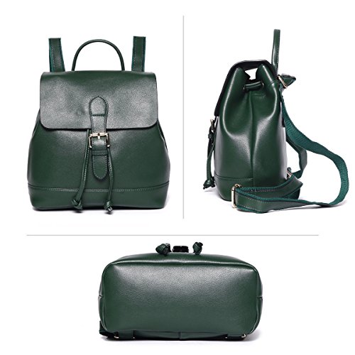Mochilas Cuero para Mujer Casual Verde Pequeñas Mochila de Piel Auténtica de Cuerdas Bolso Bandolera de Moda Mini Urbana Escolar Universidad Chica Adolescentes