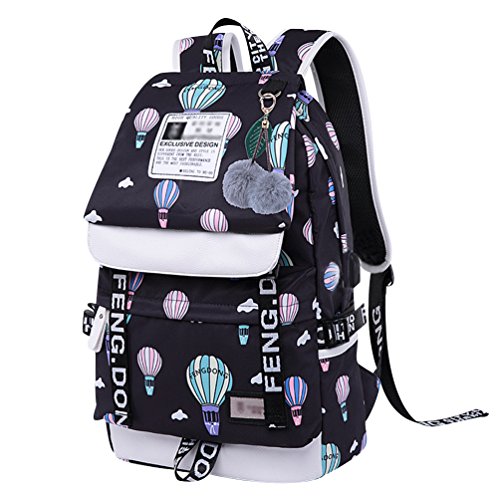 Mochilas Escolares Juveniles Mochila Escolar Niña Mochilas Colegio Instituto Chica Estampado Mochilas con USB para Universidad Casual Impermeable Grandes Mochila Ordenador Portatil PC Viajar Negro