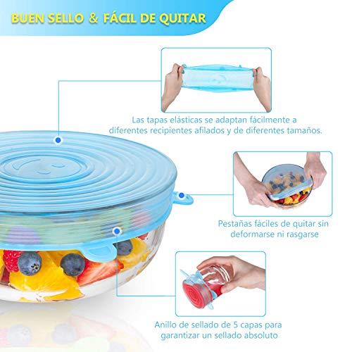 Modohe Tapas de Silicona Elásticas, 14 Tapas Silicona Ajustables Cocina, Reutilizable Fundas Protectoras para Alimentos Tapa Tazas, Boles o Tarros,Tapa del tazón, Lavavajillas, Microonda, Sin BPA