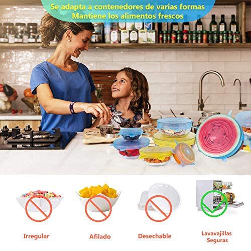 Modohe Tapas de Silicona Elásticas, 14 Tapas Silicona Ajustables Cocina, Reutilizable Fundas Protectoras para Alimentos Tapa Tazas, Boles o Tarros,Tapa del tazón, Lavavajillas, Microonda, Sin BPA