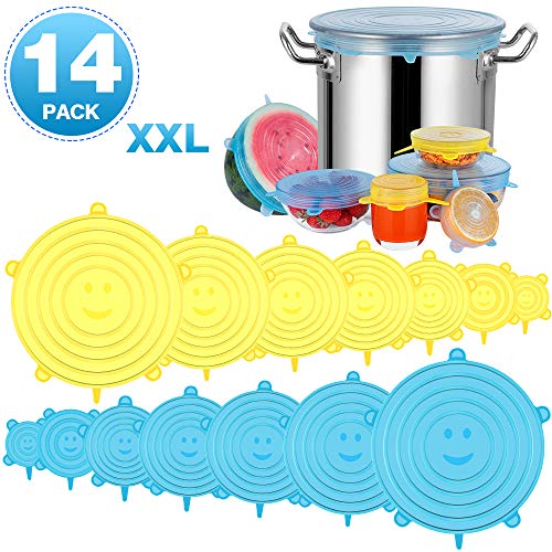 Modohe Tapas de Silicona Elásticas, 14 Tapas Silicona Ajustables Cocina, Reutilizable Fundas Protectoras para Alimentos Tapa Tazas, Boles o Tarros,Tapa del tazón, Lavavajillas, Microonda, Sin BPA