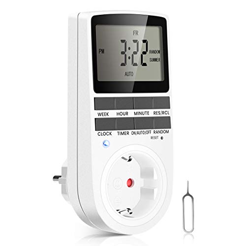 MOHOO Temporizador Enchufe Programable Temporizador Enchufe Digital Pantalla LCD Horario de Verano 12/24 Horas, Modo Aleatorio, 2 Cuentas Regresivas Cada Día, Ahorrar energía 16A / 3680W Máx (1 Pack)