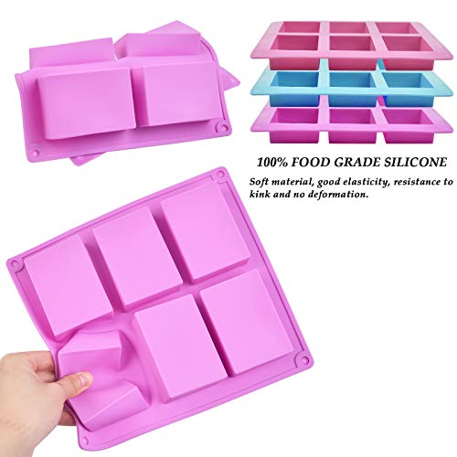 Moldes de jabón de Silicona Suave Rectángulo de 3 Piezas, 6 Moldes de Cavidad para Jabón, DIY Jabón Mold Bandeja para hacer Barra de jJabón, Resina, Chocolate, Velas de Jabón Rosa, Azul, Púrpura