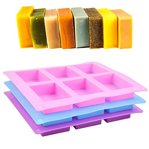 Moldes de jabón de Silicona Suave Rectángulo de 3 Piezas, 6 Moldes de Cavidad para Jabón, DIY Jabón Mold Bandeja para hacer Barra de jJabón, Resina, Chocolate, Velas de Jabón Rosa, Azul, Púrpura