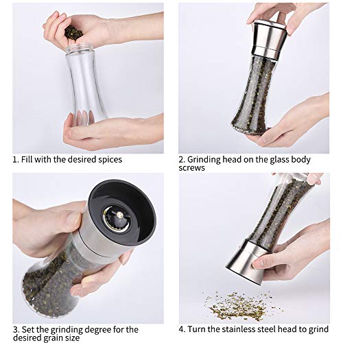 Molinillo de Pimienta y Sal y Especias Manual Saleros y pimenteros，con soporte a juego， con Precisión de Grosor Ajustable Acero Inoxidable Trae dos cepillos de limpieza（2 PCS）