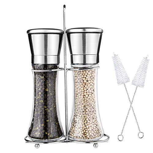 Molinillo de Pimienta y Sal y Especias Manual Saleros y pimenteros，con soporte a juego， con Precisión de Grosor Ajustable Acero Inoxidable Trae dos cepillos de limpieza（2 PCS）