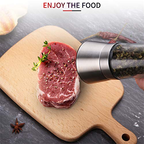 Molinillo de Pimienta y Sal y Especias Manual Saleros y pimenteros，con soporte a juego， con Precisión de Grosor Ajustable Acero Inoxidable Trae dos cepillos de limpieza（2 PCS）